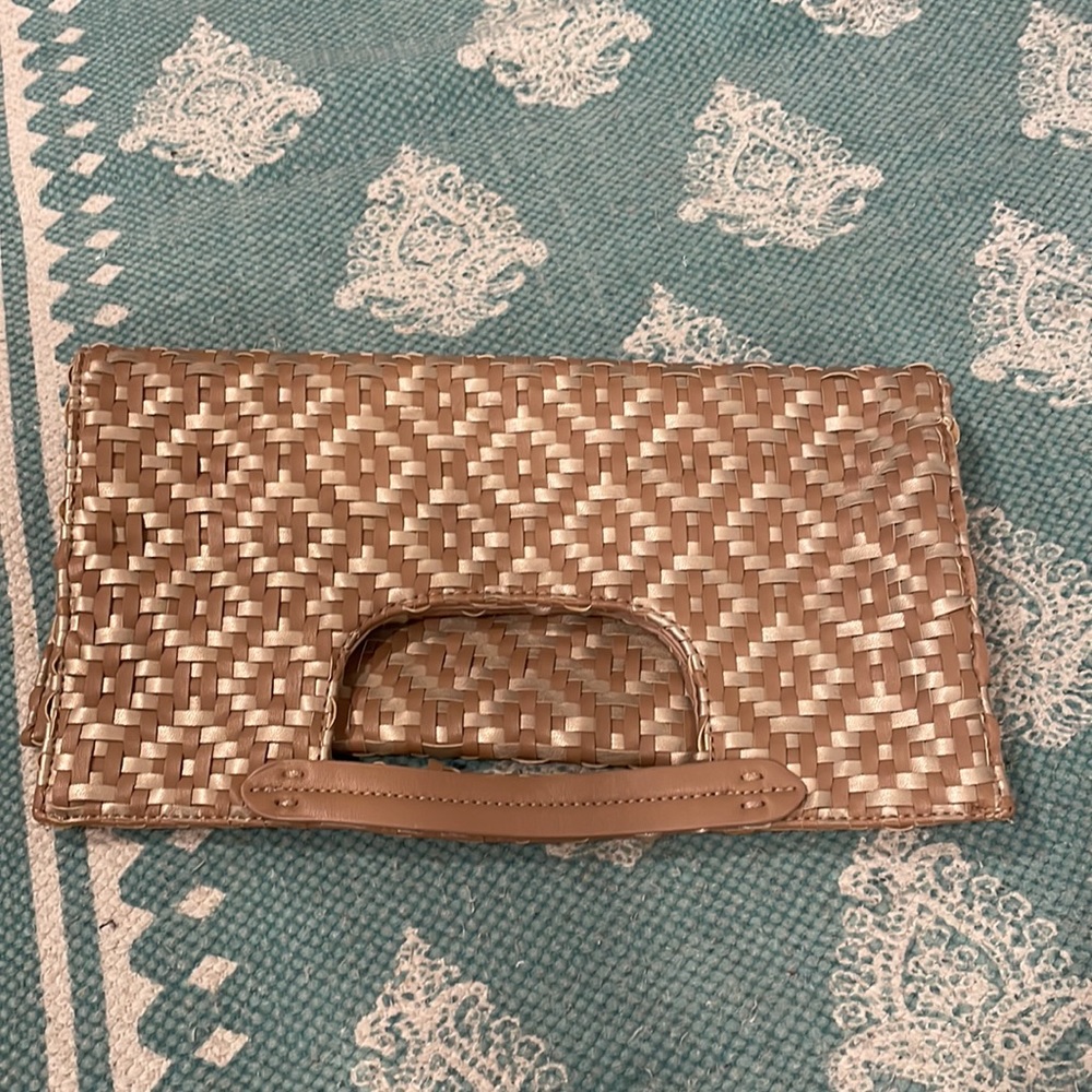 Anthropologie fold over woven tan and metallic clutch